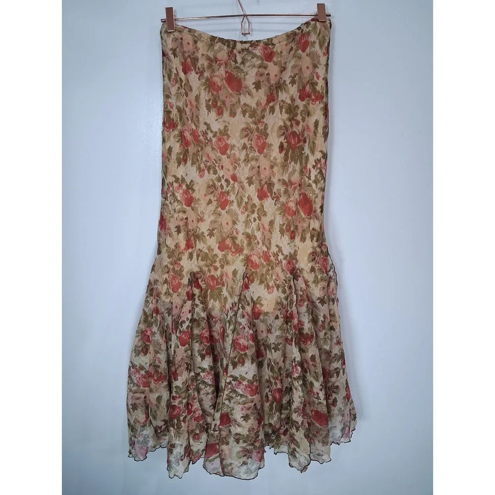 Zashi Floral Chiffon Godet Midi Skirt Pink Green Ruffle Hem Women Hippie Fairy L